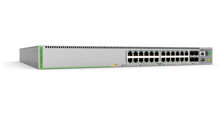 Allied Telesis Stackable Layer 3 Lite switch with 20 x 100M/1G PoE+ ports, 4 x 100M/1G/2.5G/5G PoE+ ports, and 4 x 10G uplinks. AU Power Cord