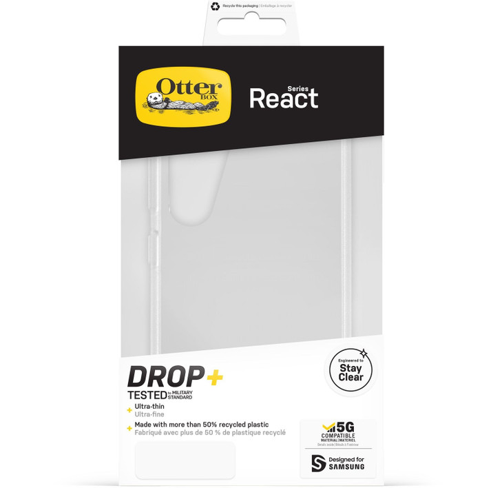 OtterBox React Samsung Galaxy S23 5G (6.1') Case Clear - (77-91313), Antimicrobial,DROP+ Military Standard,Raised Edges,Hard Case,Soft Grip,Ultra-