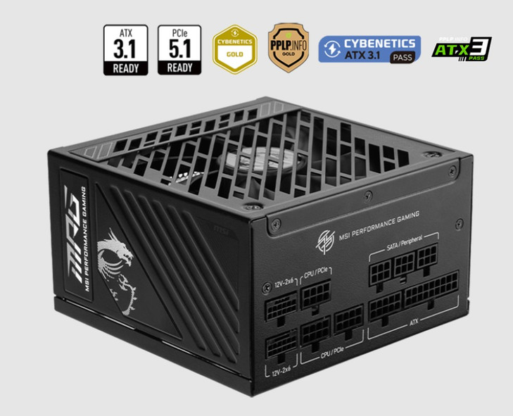 MSI MPG A1000GS PCIE5 1000W ATX Power Supply Unit, 80 PLUS Gold, Fully modular flat cables, 0 RPM Mode, Active PFC design