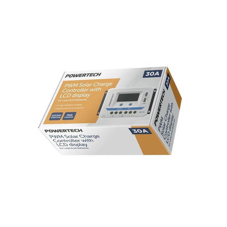 POWERTECH 12V/24V 30A PWM Solar Charge Controller with LCD display for lead acid batteries