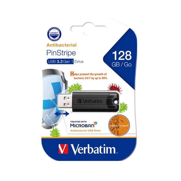 Verbatim 128GB Antibacterial Pinstripe USB 3.0 Drive (with Microban) Black