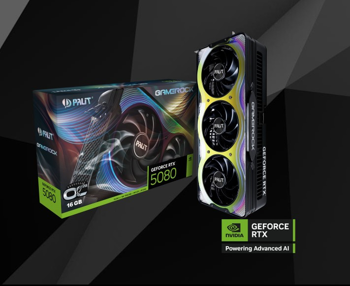 PALIT RTX5080 GAMEROCK OC 16GB GDDR7 256bit 3-DP HDMI ARGB PCI-E 5.0 NE75080T19T2-GB2030G