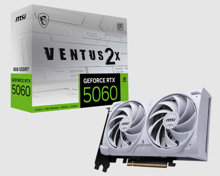 MSI nVidia GeForce RTX 5060 8G VENTUS 2X OC WHITE,  PCI Express Gen 5 x16, Boost: 2527 MHz, CUDA 3840 Units, 8GB GDDR7. HDMI