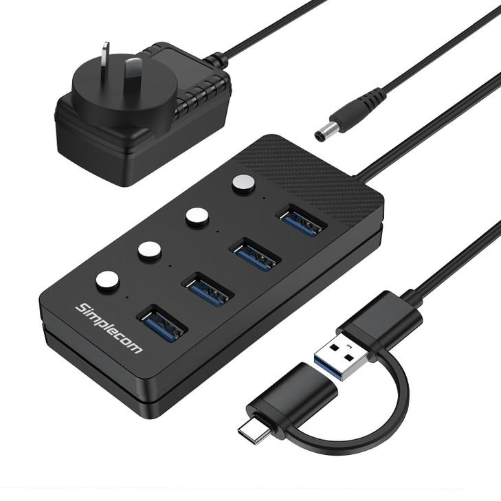 Simplecom CH345C SuperSpeed USB-A and USB-C to 4-Port USB 3.0 Hub 5Gbps Individual Switches and Power Adapter