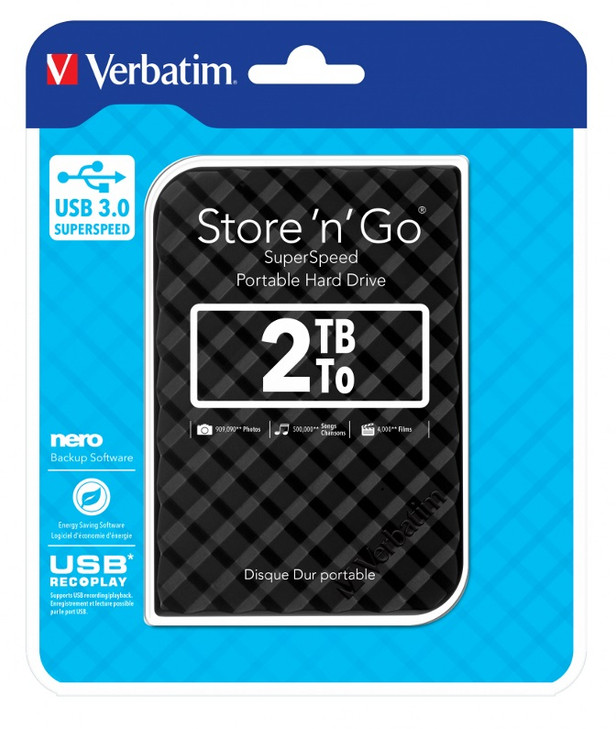 Verbatim 2TB 2.5' USB 3.0 Black Store'n'Go HDD Grid Design, Ultra Portable, High Speed & Capacity. Backup and Store + Nero Backup Software