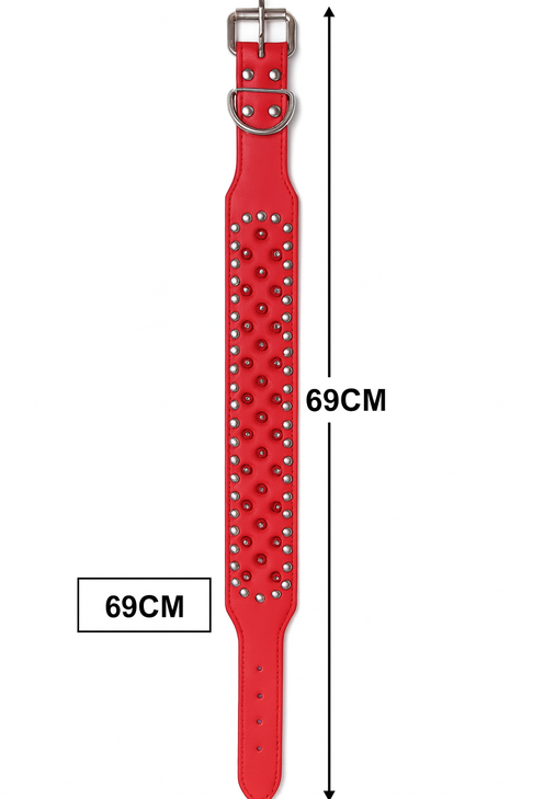Dog Collar Studded RED PUFaux Leather Spiked Pet Extra Large Wide Spiked 69cm