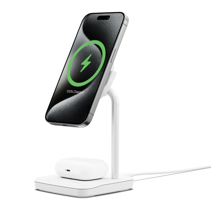 Cygnett ChargeBase Qi2 2-in-1 Magnetic 15W Wireless Charger - White (CY5068BUNCP),1.2M USB-C Cable,25W Wall Charger,80° Swivel Head,2 Years Warranty