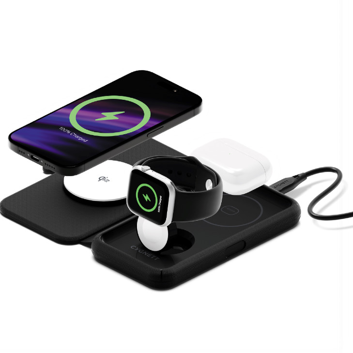 Cygnett MagTravel Qi2.0 2-in-1 Wireless Charger - Black (CY5138WIRDE), 1.2M USB-C Cable,15W, Compact and lightweight, 2 Years Warranty