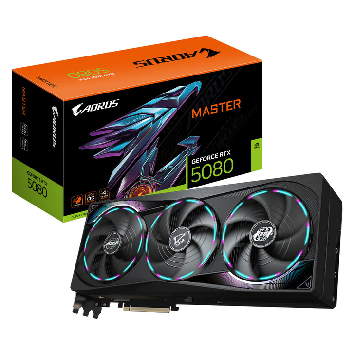 Gigabyte AORUS GeForce RTX™ 5080 MASTER 16G, 2805 MHz, CUDA 10752, 30 Gbps, GDDR7, 256 bit, PCI-E 5.0, PSU 850W, DisplayPort 2.1b x3 HDMI 2.1b x1