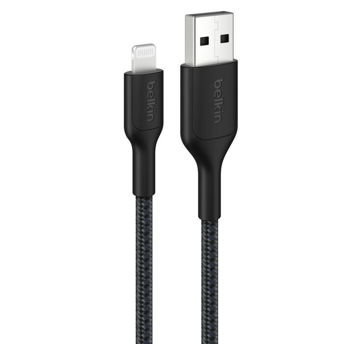 Belkin BoostCharge Pro Braided Lightning to USB-A Cable (2M) - Black (CAA020FQ2MBK), 2.4A/15W, 480Mbps, 350K Bends, MFI-Certified, 2 Years Warranty