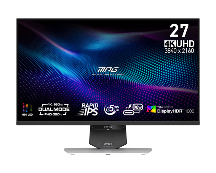 27" MSI MPG 274URDFW E16M (4K DUAL MODE) GAMING MONITOR WHITE/27"/Flat/Rap IPS/MINI LED/4K~160Hz/FHD~320Hz/0.5s/2xHDMI+1xDP/Type-C 98W/H.Adj/Pivot/3Yr Warr.