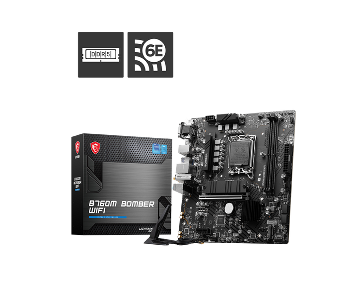 MSI B760M BOMBER WIFI MOTHERBOARD INTEL/B760/LGA1700/mATX/2xDDR5/2xM.2/1xPCI-E(16)+1xPCI-E(1)/WIFI-6E/BT5.3/2.5G LAN/3YR WARR