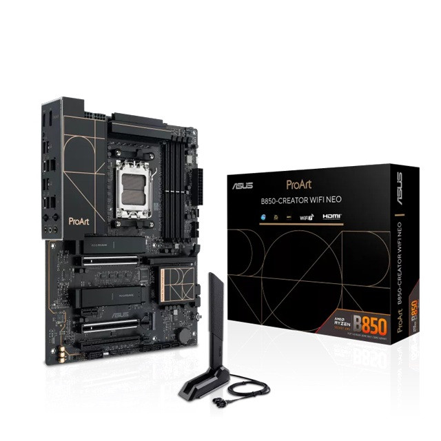 ASUS AMD ProArt B850-CREATOR WIFI NEO, AM5, 4DIMM, 256GB DDR5, 8400+MT/s, 2x PCIe5.0  x16, 3xM.2, WiFi7, dual 5GbE, USB 20Gbps, HDMI2.1, DP1.4