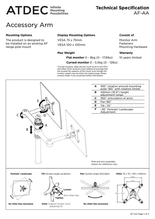 ATDEC EXTRA MONITOR ARM FOR (AF-AT) UP TO 8KG VESA UPTO 100x100 POLISHED 10YR