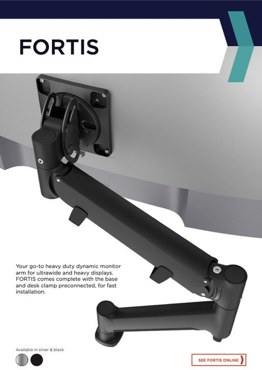 ATDEC FORTIS HEAVY DUTY DYNAMIC MONITOR ARM WITH HD F-CLAMP SILVER