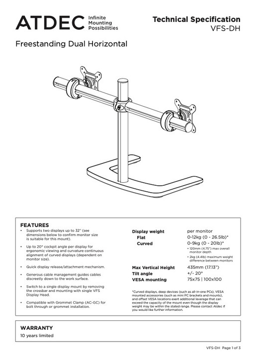 ATDEC DUAL MONITOR DESK STAND UP TO 32" & 12KG VESA 75x75 100x100 VERTICAL MOUNTED 10