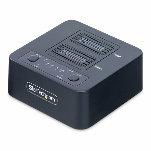 StarTech 1:1 M.2 NVMe Drive Duplicator, 90GBpm Standalone M.2 SSD Cloner/Copier, USB-C 3.2 20Gbps M.2 Dual-Bay Drive Docking Station - StarTech Clone/duplicate M.2 NVMe SSDs without a computer; 90GBpm copy speeds; Sector-by-sector duplication copies whole drive; USB 3.2 (20Gbps) host connection; Progress/Status/Power LEDs; Top-loading/toaster style design; No drivers/software required