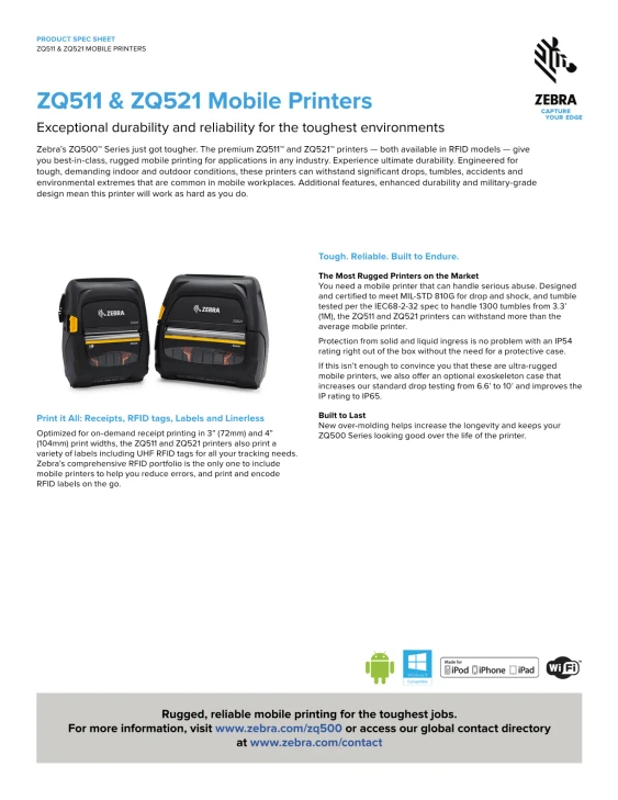 Zebra ZQ521 Mobile Direct Thermal Printer - Monochrome - Label/Receipt Print - Bluetooth - Wireless LAN - Near Field Communication (NFC) - Real Time Clock - 990.60 mm Print Length x 103.89 mm (4.09") Print Width - 127 mm/s Mono - 203 dpi - 50.80 mm L