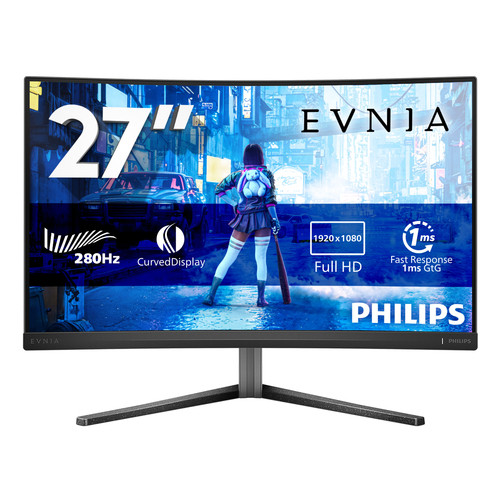 PHILIPS EVNIA 27M2C5200W Curved 280Hz Gaming Monitor. 27in VA Curved 1500R FHD 1920x1080 16:9 300nits 0.3ms 280Hz 2xHDMI DP Audio-out HDR10 Adaptive Sync Height/Swivel/Tilt VESA 3Yr Wty
