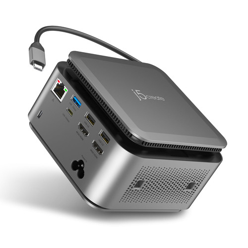 j5create JCDP4140 Docking Station for Notebook, Tablet, Smartphone, Workstation, MacBook - Charging Capability - Memory Card Reader - SD - 163 W - Space Gray - Desktop - 2 Displays Supported - 4K @30Hz, 4K @ 60Hz - 3840 x 2160 - 8 x USB Ports - 2 x USB 2.0 - 4 x USB Type-A Ports - USB Type-A - 4 x USB Type-C Ports - USB Type-C - 1 x RJ-45 Ports - Network (RJ-45) - HDMI - Wired - Gigabit Ethernet - Windows 10, Windows 11, Mac OS X 10.14 Mojave - 100W