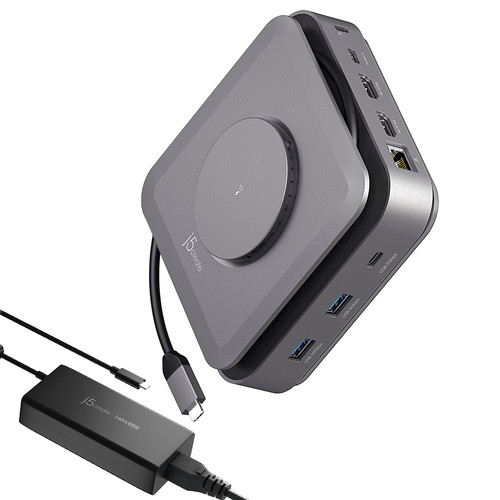 j5create JCD3199P USB Type C Docking Station for iPhone, MacBook, TV - Charging Capability - Memory Card Reader - SD - Space Gray - Desktop - 2 Displays Supported - 4K @30Hz, 4K @ 60Hz - 3840 x 2160 - 5 x USB Ports - 2 x USB Type-A Ports - USB Type-A - 3 x USB Type-C Ports - USB Type-C - 1 x RJ-45 Ports - Network (RJ-45) - HDMI - Wired - Gigabit Ethernet - Windows 10, Windows 11, Mac OS X 11.0 Big Sur, Mac OS X 12.0 Monterey, Mac OS X 13.0 Ventura, Mac OS X 10.14 Mojave - 140W