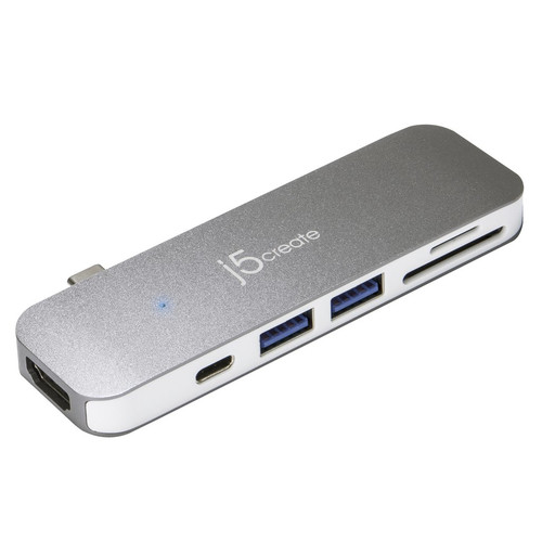 j5create UltraDrive JCD386 USB Type C Docking Station for Notebook, Desktop PC, Monitor - Charging Capability - Memory Card Reader - SD - Silver - Portable - 1 Displays Supported - 4K - 3840 x 2160 - 3 x USB Ports - 2 x USB Type-A Ports - USB Type-A - 1 x USB Type-C Ports - USB Type-C - HDMI - Docking - 60W