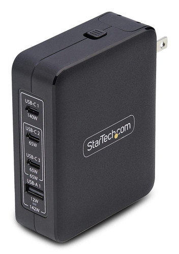 StarTech.com 140W USB-C Wall Charger, 3x USB-C/1x USB-A, PD 3.1 International GaN Power Adapter for MacBook Pro/Max/Dell XPS/Inspiron - USB-C 140W Wall Charger - 3x USB-C, 1X-USB-A - Power Delivery (PD) 3.1 - Runs cool at full-load - Foldable Plug - Portable GaN charging - Ideal for MacBook Pro/Max/Dell XPS/Precision/Inspiron/iPad Pro/Samsung Smartphones/iPad Pro/Smart Watches