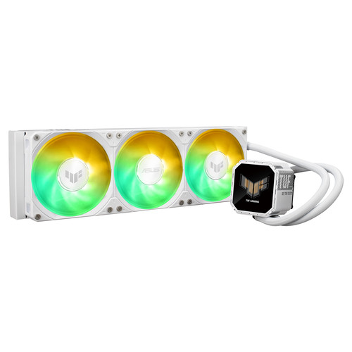 TUF Gaming LC III 360 ARGB LCD all-in-one liquid CPU cooler with pre-installed triple fans designed for high airflow & static pressure 2.8in LCD for hardware monitoring custom GIFs & MP4 video clips