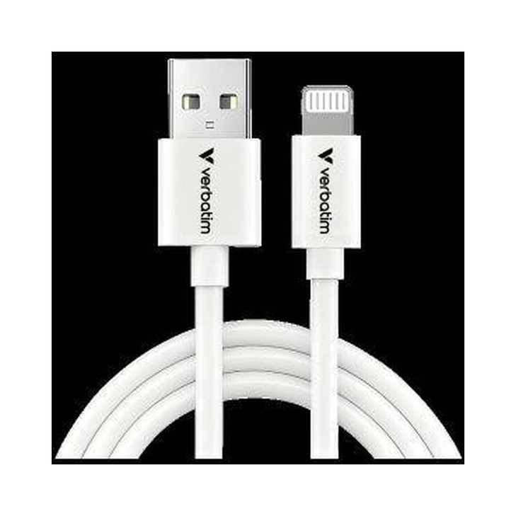 Verbatim 1 m Lightning/USB Data Transfer Cable for iPhone, iPad, iPad Air, iPad mini, iPod, iPod touch - First End: 1 x USB - Male - Second End: 1 x Lightning - Male - 480 Mbit/s - MFI - White