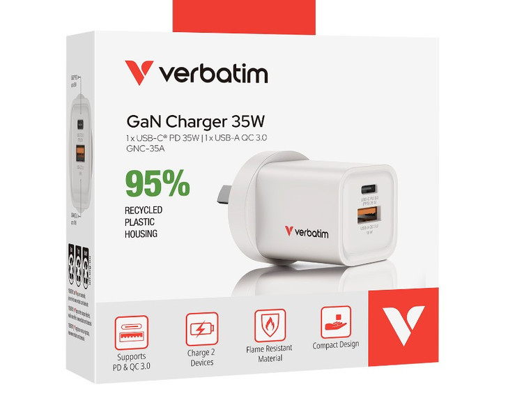 Verbatim 35 W AC Adapter - Universal Adapter - 1 USB - 1 USB Type-C - For Tablet PC, Smartphone, Gaming Console, Notebook - Australia - White