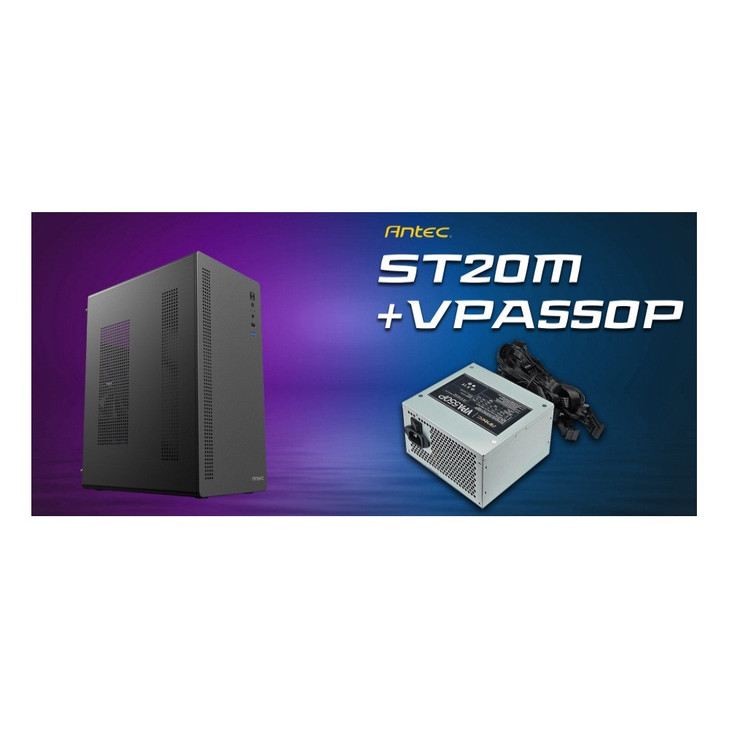Antec ST20M + VPA550P, Mid Tower, mATX/ITX, 1x120mm Rear Fan, GPU ≤265mm, CPU ≤150mm, 550W PSU, Active PFC, 2x PCIe