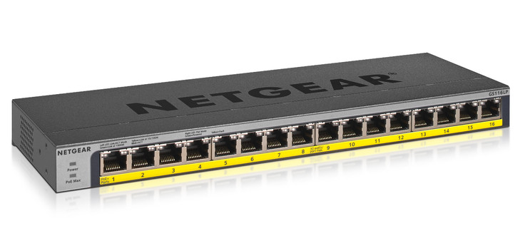NETGEAR 16-Port PoE/PoE+ Gigabit Ethernet Unmanaged Switch with 76W PoE Budget, Rack-mount or Wall-mount (GS116LP)
