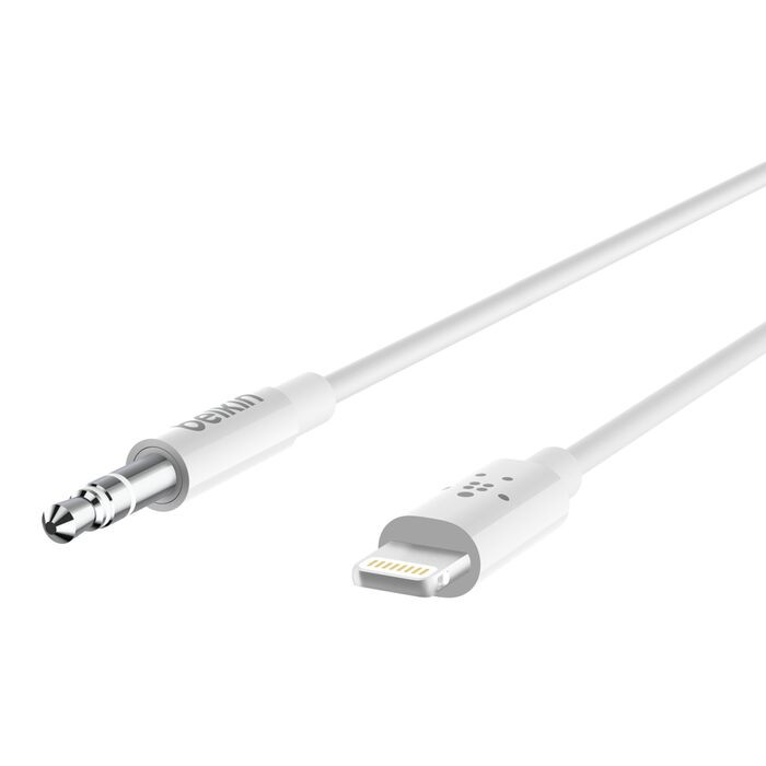 Belkin 91.44 cm Lightning/Mini-phone Audio/Data Transfer Cable - Cable for Audio Device, iPad, iPhone - First End: 1 x Lightning - Male - Second End: 1 x Mini-phone Stereo Audio - Male - White