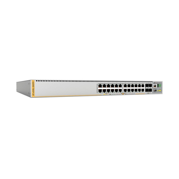Allied Telesis 24-port 100/1000T PoE+ stackable L3 switch with 4 SFP+ ports and 2 fixed power supplies, AU Power Cord.