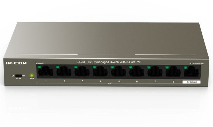 IP-COM (F1109P-8-102W) 9-Port 10/100Mbps Unmanaged PoE+ Switch with 8-Port PoE+, 6kv lightning protection