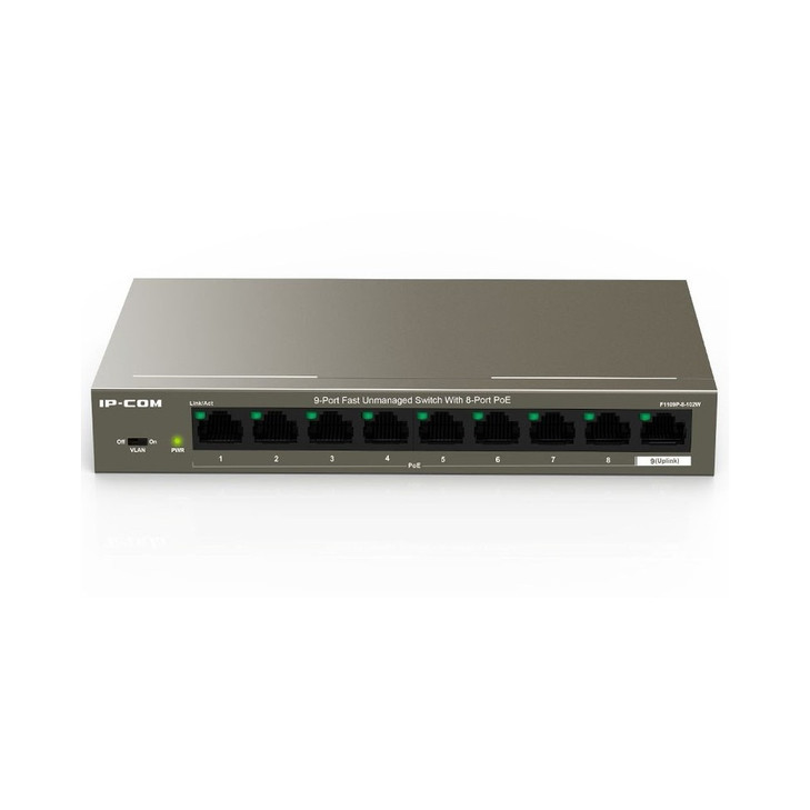 IP-COM (F1109P-8-102W) 9-Port 10/100Mbps Unmanaged PoE+ Switch with 8-Port PoE+, 6kv lightning protection