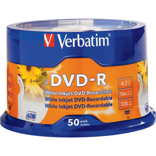 VERBATIM VDVD-R50P 50PK DVD-R PRINTABLE SPINDLE 16X 4.7GB VERBATIM