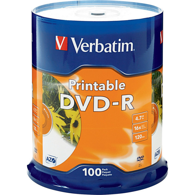 VERBATIM VDVD-R100P 100PK DVD-R PRINTABLE SPINDLE 16X 4.7GB VERBATIM