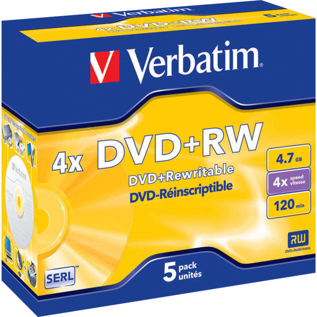 VERBATIM VDVD+RW5 5PK DVD+RW IN JEWEL CASE 1-4X 4.7GB VERBATIM