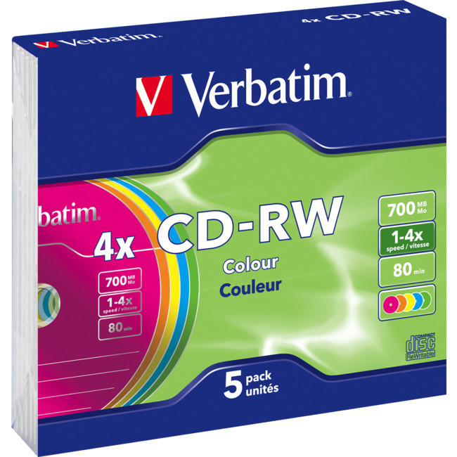VERBATIM VCDRW-5 VERBATIM CD-RW 5PK 2X-4X COLOURED SLIM CASE