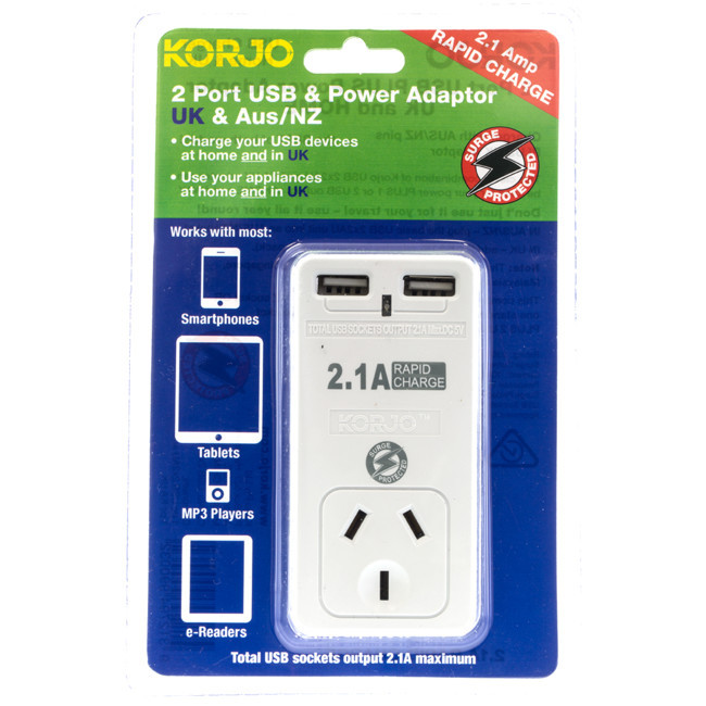 KORJO USB2X2UK 2 PORT USB AND POWER ADAPTOR UNITED KINGDOM AND AUSTRALIA
