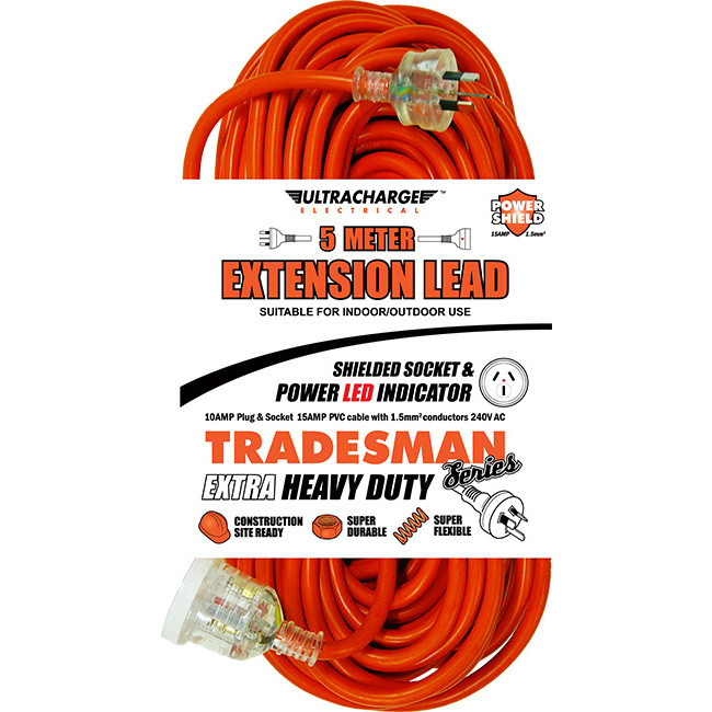 ULTRACHARGE UR2405T 5M HEAVY DUTY EXTENSION LEAD TRADESMAN- ORANGE& CLEAR PLUG