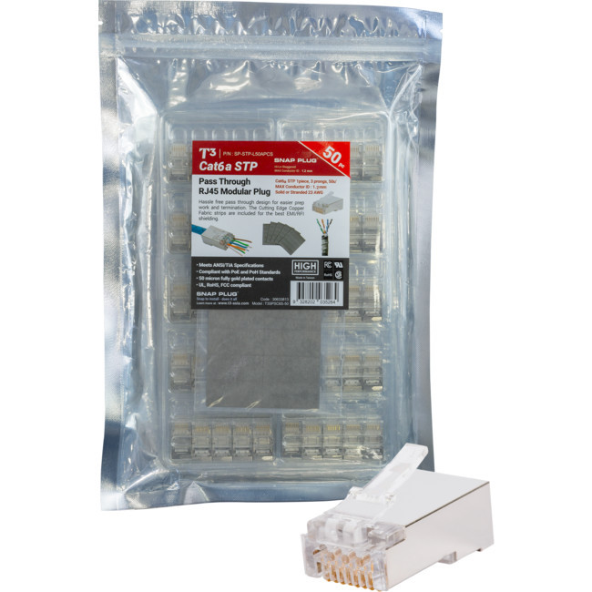 T3 T3SPSC6S-50 STP CAT6A/6 SOLID SNAP PLUG WITH COPPER STRIP RJ45 SHIELDED 1.2MM PACK OF 50