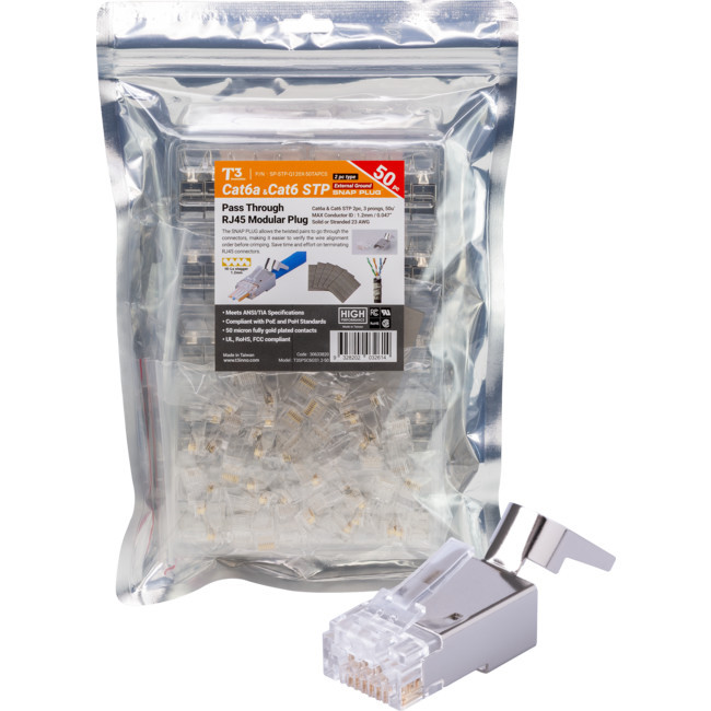 T3 T3SPSC6GS1.2-50 STP RJ45 SHIELDED CAT6 SNAP PLUG WITH COPPER STRIP EXT GROUND 2PC 1.2MM PACK OF 50