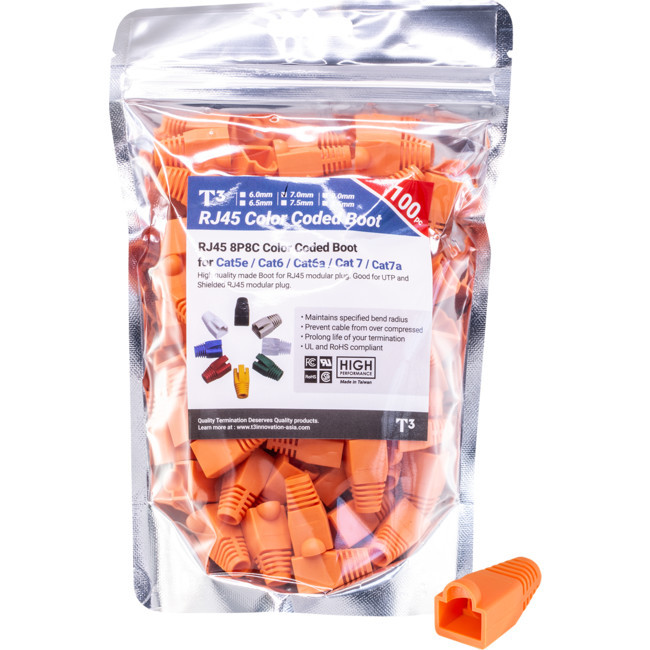 T3 PTB70OR-100 7.0MM ORANGE RJ45 RUBBER BOOTS BAG OF 100