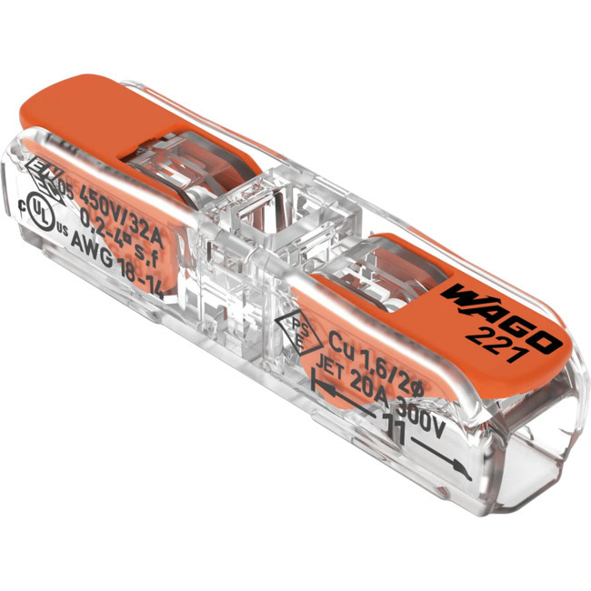 WAGO 221-2411 24–16 AWG INLINE TERMINAL CLEAR WAGO ORANGE LEVER NUTS