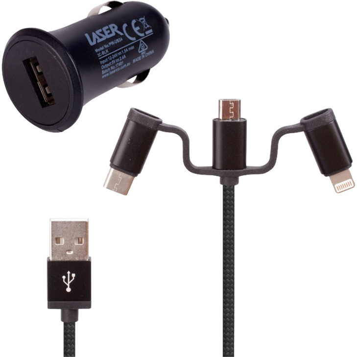 LASER UB243C 2.4A USB CAR CHARGER KIT 3 IN 1 BLACK