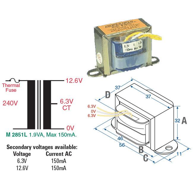 STADIUM TF06474 12.6V 150MA MAINS TRANSFORMER 1.89VA CENTRE TAPPED ARLEC