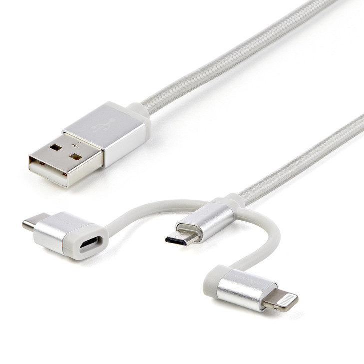 Startech 1M USB2.0 TO MULTIPORTS CABLE BRAIDED USB-C/MICRO-USB/LTN WHITE 2YR