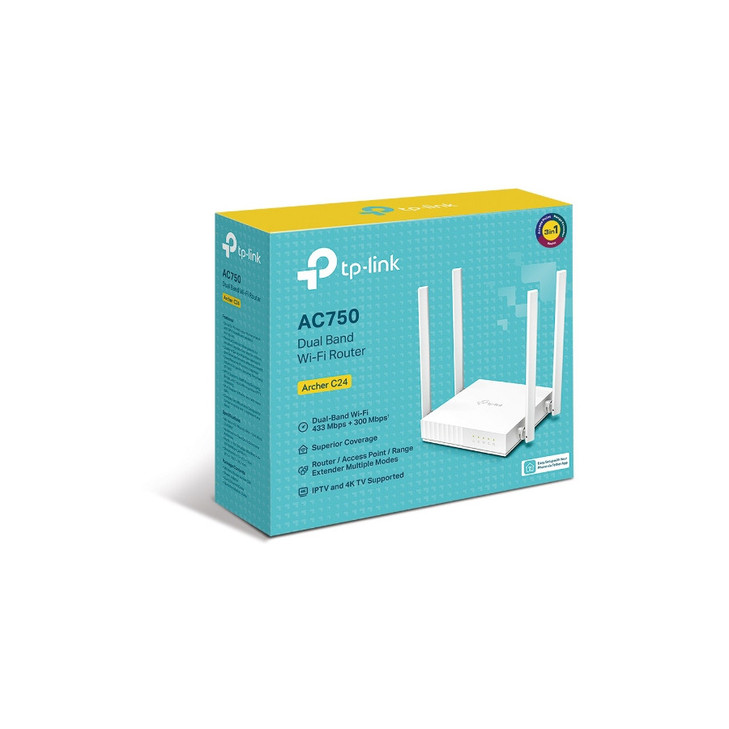 TP-Link Archer C24 AC750 Dual-Band Wi-Fi Router 2.4GHz 300Mbps 5GHz 433Mbps 4xLAN 1xWAN 4xAntennas, WPS, Router Access Point and Range Extender Modes